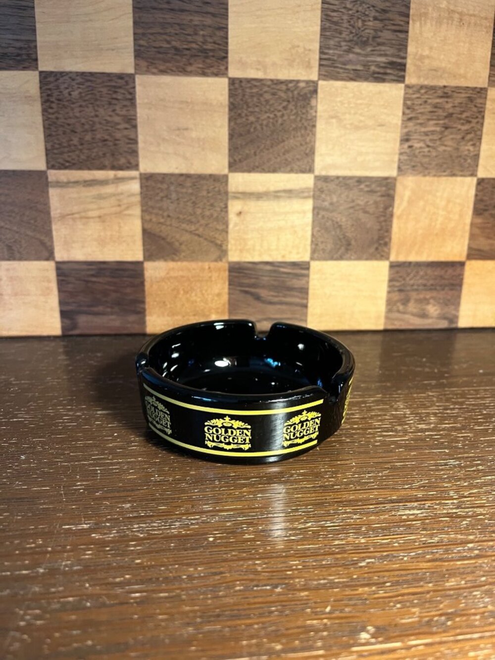 Black Glass Las Vegas Gold Nugget Ashtray, some imperfection in glass